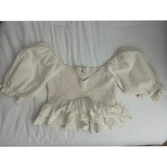 Jacquie the Label blouse top women’s sz L ivory beige smocked off-the-shoulder - Picture 11 of 16